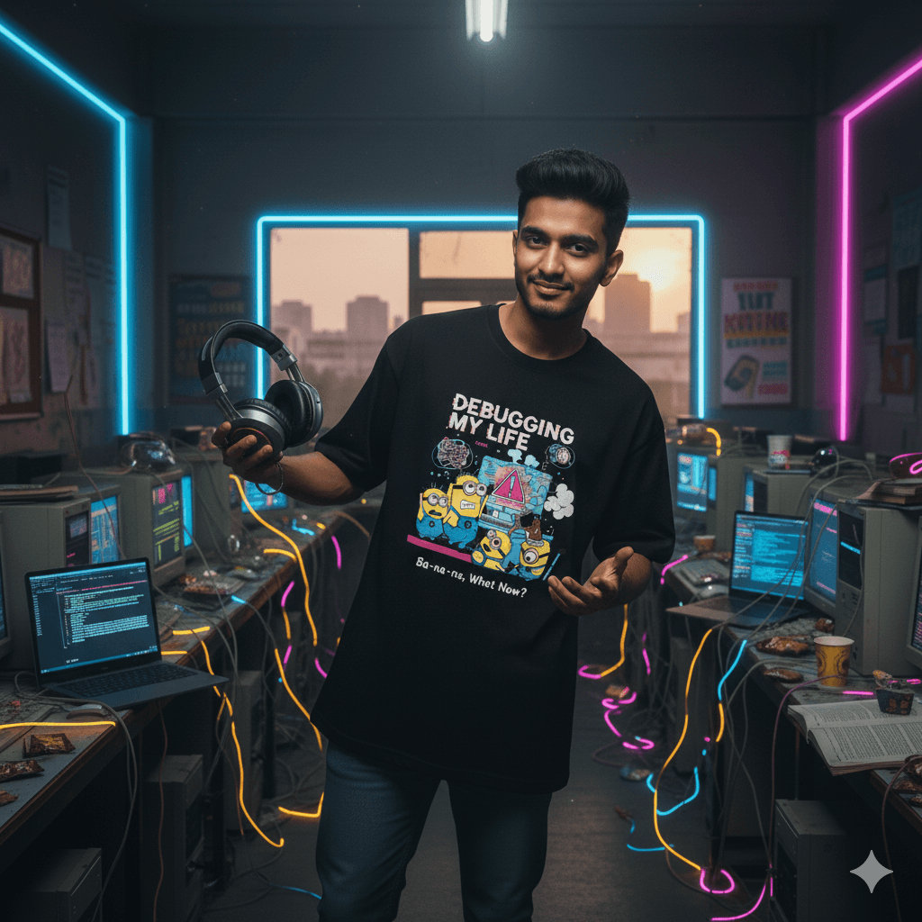 "Debugging My Life" Funny Minions Oversized T-Shirt for Programmers & Coders